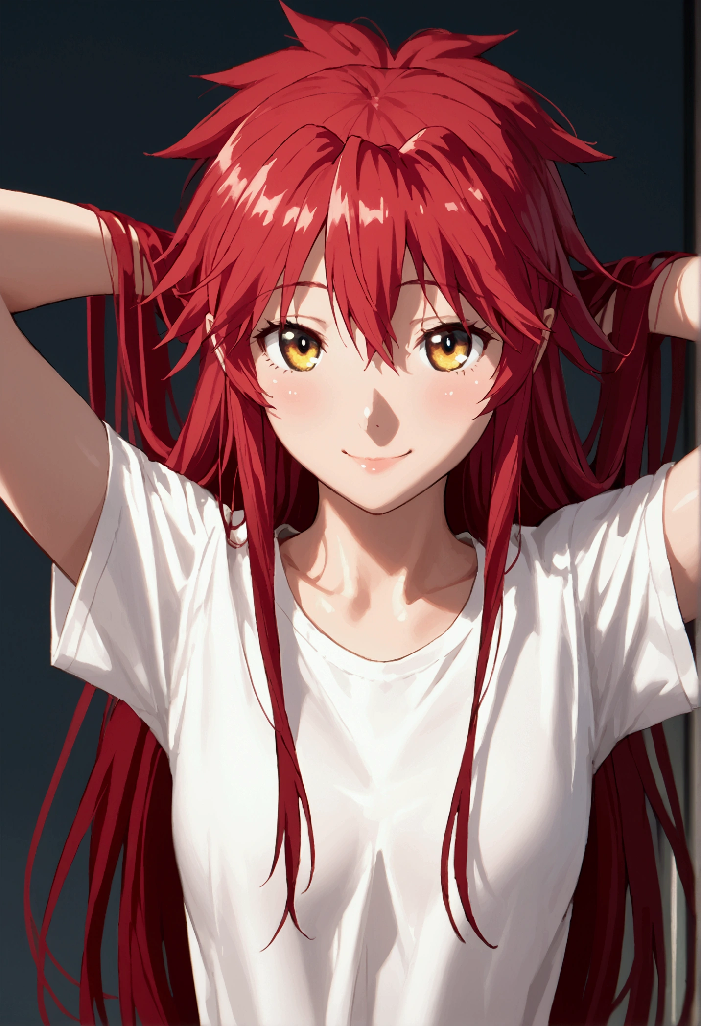  score_9,  score_8_above,  score_7_above, source_animated, 1 girl, Alone, 
Mari Setagaya, human-form, 1 girl, Alone,  long hair,  looking at the spectator , smile, shirt, Ojos rojos, Red hair,  arms behind the head,