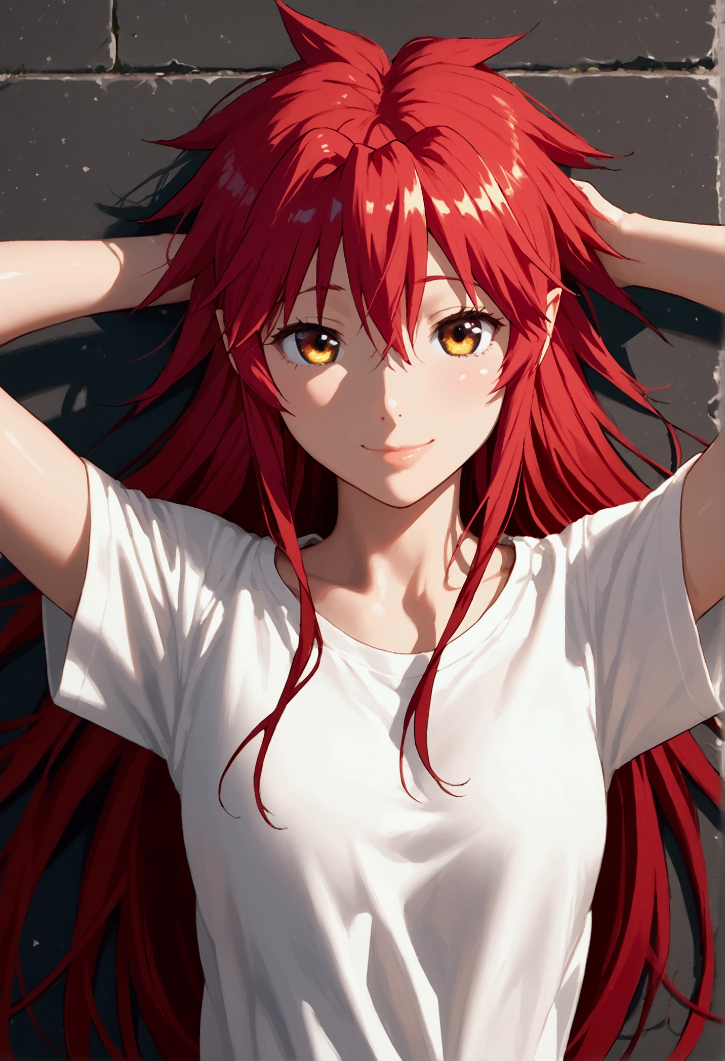  score_9,  score_8_above,  score_7_above, source_animated, 1 girl, Alone, 
Mari Setagaya, human-form, 1 girl, Alone,  long hair,  looking at the spectator , smile, shirt, Ojos rojos, Red hair,  arms behind the head,