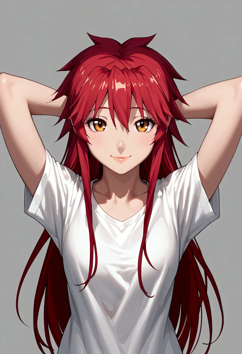  score_9,  score_8_above,  score_7_above, source_animated, 1 girl, Alone, 
Mari Setagaya, human-form, 1 girl, Alone,  long hair,  looking at the spectator , smile, shirt, Ojos rojos, Red hair,  arms behind the head,