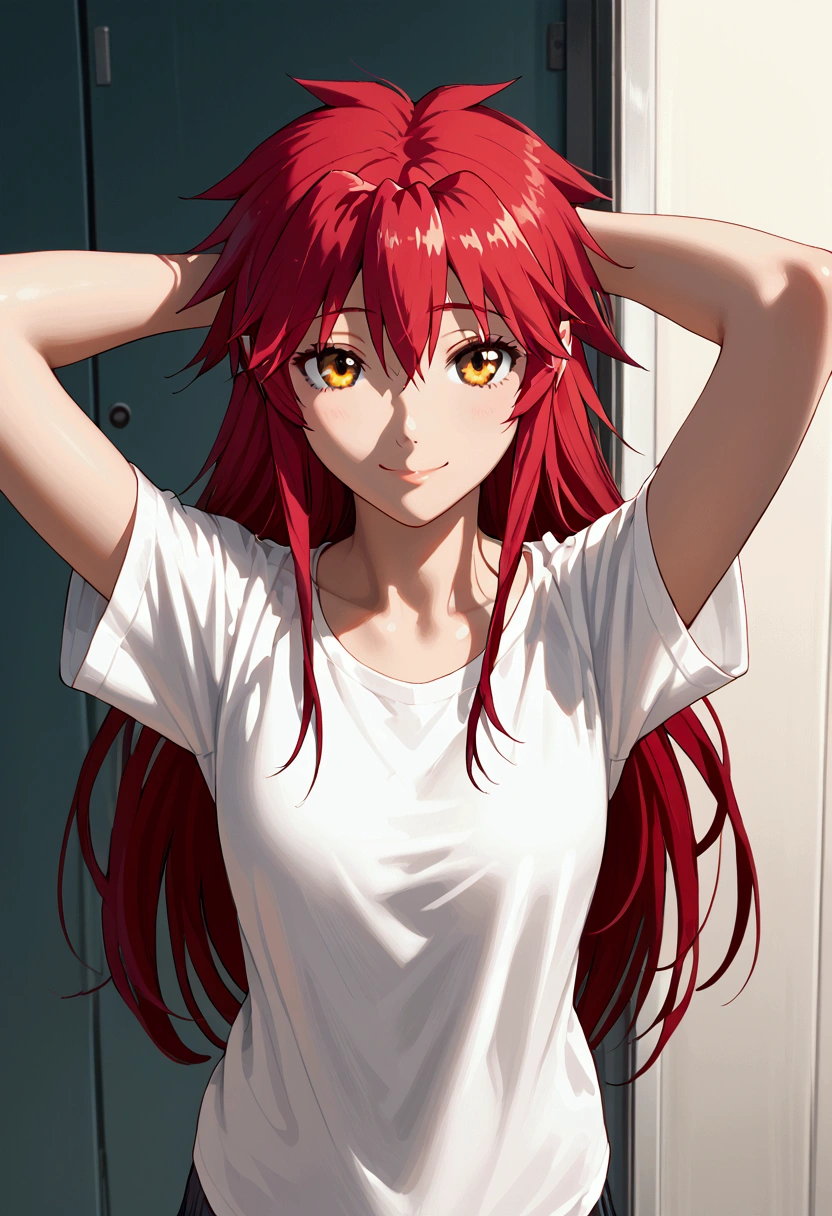  score_9,  score_8_above,  score_7_above, source_animated, 1 girl, Alone, 
Mari Setagaya, human-form, 1 girl, Alone,  long hair,  looking at the spectator , smile, shirt, Ojos rojos, Red hair,  arms behind the head,