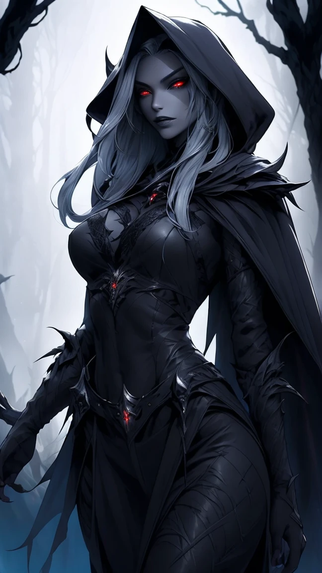 Highly detailed, realistic, cinematic. A stunningly beautiful and sultry female Drow with soft yet angular features, exuding danger and allure. Her gray skin glows faintly under the dark forest's dim light, accented by piercing glowing red eyes and dark lipstick. She wears a revealing dark leather armor with intricate details, a hooded cape draped elegantly over her shoulders, and a belt cinching her slender waist. Her long, flowing hair cascades from under the hood, framing her sharp, ethereal features. She stands in a dark forest, with large, vibrant leaves and eerie shadows adding to the mysterious atmosphere. The background is textured with a mix of glowing embers and subtle fire-like hues, enhancing the dangerous ambiance. Rendered in 8K quality, capturing every texture, perfect anatomy, and dramatic lighting.