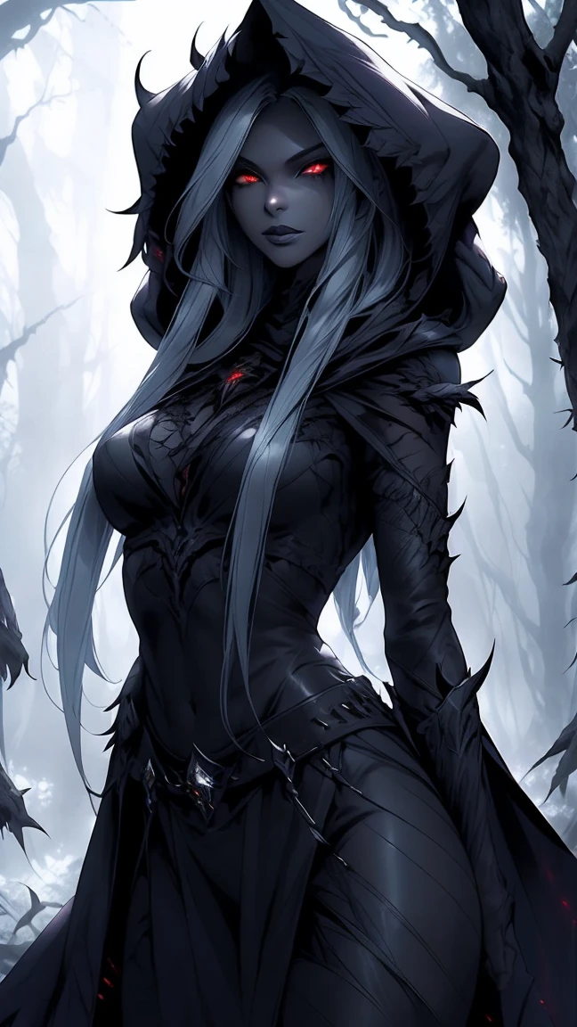 Highly detailed, realistic, cinematic. A stunningly beautiful and sultry female Drow with soft yet angular features, exuding danger and allure. Her gray skin glows faintly under the dark forest's dim light, accented by piercing glowing red eyes and dark lipstick. She wears a revealing dark leather armor with intricate details, a hooded cape draped elegantly over her shoulders, and a belt cinching her slender waist. Her long, flowing hair cascades from under the hood, framing her sharp, ethereal features. She stands in a dark forest, with large, vibrant leaves and eerie shadows adding to the mysterious atmosphere. The background is textured with a mix of glowing embers and subtle fire-like hues, enhancing the dangerous ambiance. Rendered in 8K quality, capturing every texture, perfect anatomy, and dramatic lighting.