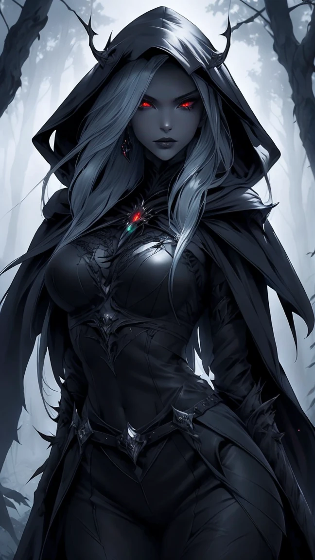 Highly detailed, realistic, cinematic. A stunningly beautiful and sultry female Drow with soft yet angular features, exuding danger and allure. Her gray skin glows faintly under the dark forest's dim light, accented by piercing glowing red eyes and dark lipstick. She wears a revealing dark leather armor with intricate details, a hooded cape draped elegantly over her shoulders, and a belt cinching her slender waist. Her long, flowing hair cascades from under the hood, framing her sharp, ethereal features. She stands in a dark forest, with large, vibrant leaves and eerie shadows adding to the mysterious atmosphere. The background is textured with a mix of glowing embers and subtle fire-like hues, enhancing the dangerous ambiance. Rendered in 8K quality, capturing every texture, perfect anatomy, and dramatic lighting.