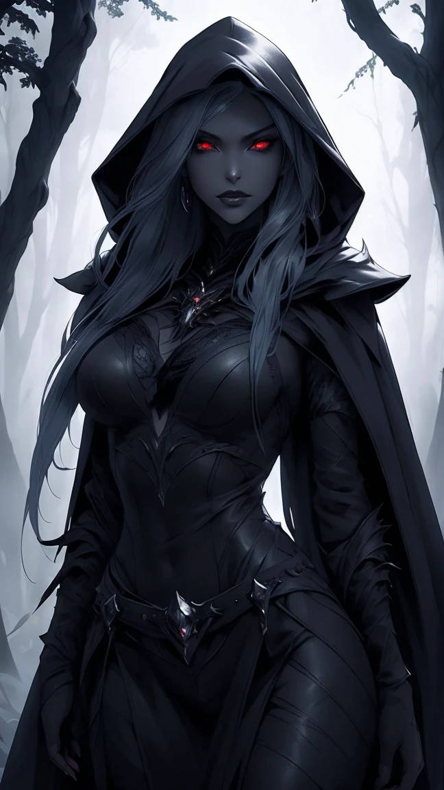 Highly detailed, realistic, cinematic. A stunningly beautiful and sultry female Drow with soft yet angular features, exuding danger and allure. Her gray skin glows faintly under the dark forest's dim light, accented by piercing glowing red eyes and dark lipstick. She wears a revealing dark leather armor with intricate details, a hooded cape draped elegantly over her shoulders, and a belt cinching her slender waist. Her long, flowing hair cascades from under the hood, framing her sharp, ethereal features. She stands in a dark forest, with large, vibrant leaves and eerie shadows adding to the mysterious atmosphere. The background is textured with a mix of glowing embers and subtle fire-like hues, enhancing the dangerous ambiance. Rendered in 8K quality, capturing every texture, perfect anatomy, and dramatic lighting.