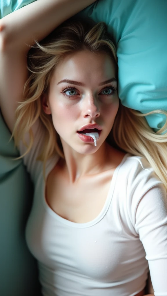 A blonde girl lying on the bed after being used, with cum in her anus, open mouth and rolled back eyes, wet and mind broken, extremely detailed, high quality, realistic, photorealistic, cinematic lighting, dramatic lighting, dramatic shadows, dramatic colors, detailed facial features, detailed body, glistening skin, disheveled hair, bedroom scene, close up, cinematic composition, dramatic film grain, beautiful, elegant, ethereal, surreal, dark, disturbing, unsettling, psychological, emotional, visceral
