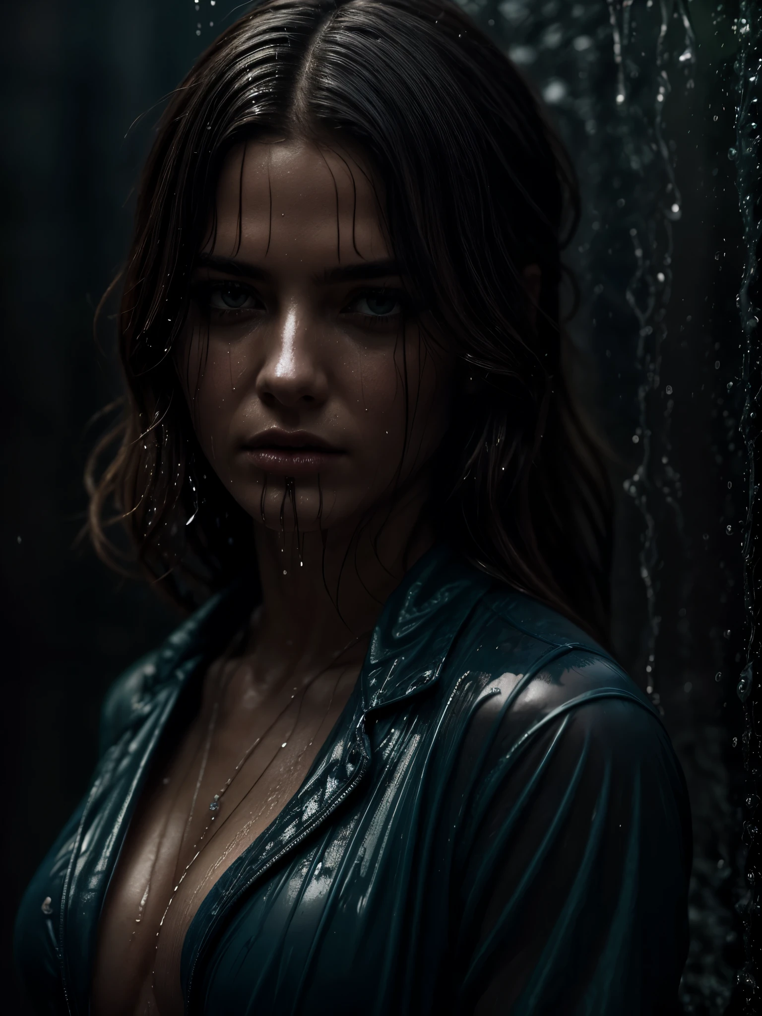a stylish woman in wet clothes,soaked,extremely detailed face,beautiful woman,elegant,mysterious,dramatic lighting,chiaroscuro lighting,moody atmosphere,cinematic,stormy weather,rain,water droplets,gloomy,dramatic pose,high fashion,wet hair,dark moody colors,rich color palette,digital art,concept art,photorealistic,8k,highres,masterpiece