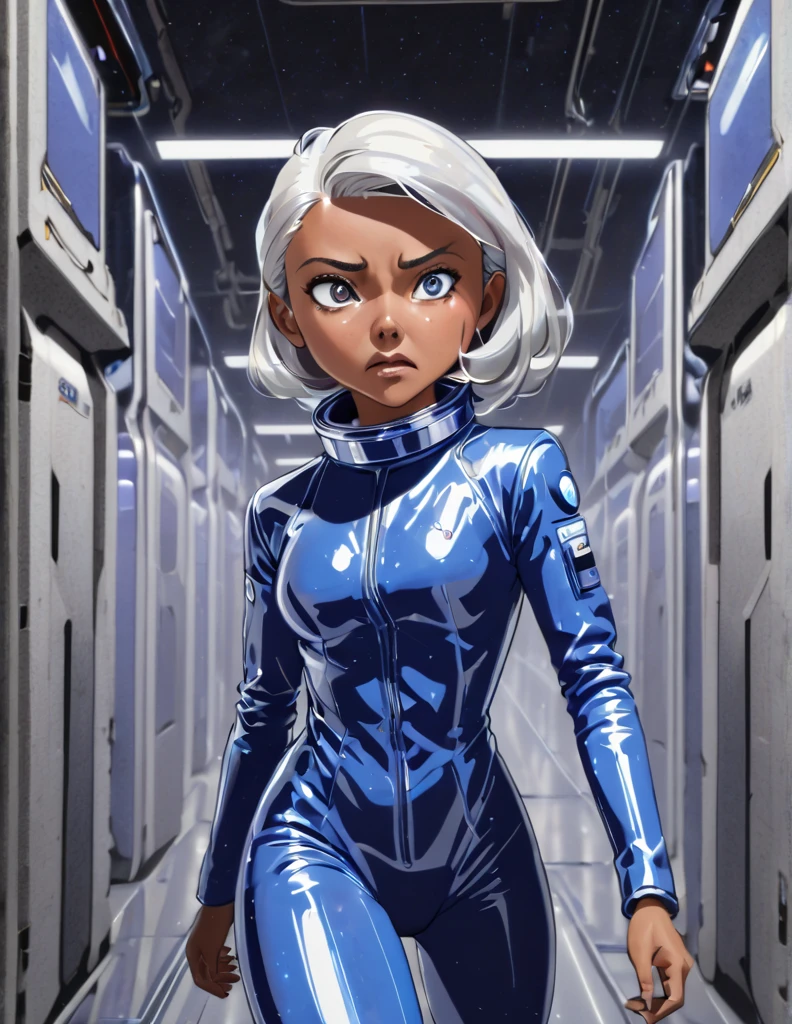 Tanned Woman with silver hair. She is wearing a skin-tight blue space suit with a retro clear dome Astronaut helmet. . She is running in a darkened red sci-fi factory corridor . She looks frightened 