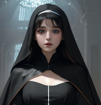 A NUN, BLUE EYES, WHITE SKIN, BLACK HAIR, DYNAMIC CAMERA, ELABORATE POSE, DARK BACKGROUND, HER EXPRESSION IS SERIOUS AND SERENE.