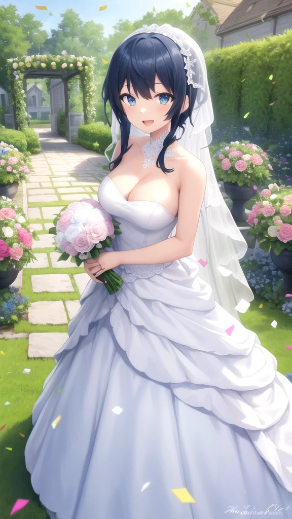 masterpiece, best quality, high quality, girl, solo, looking at viewer, touya_mochizuki, black hair, blue hair, large breasts, wedding Dress, standing, garden, confetti, holding bouquet, smile, open mouth,