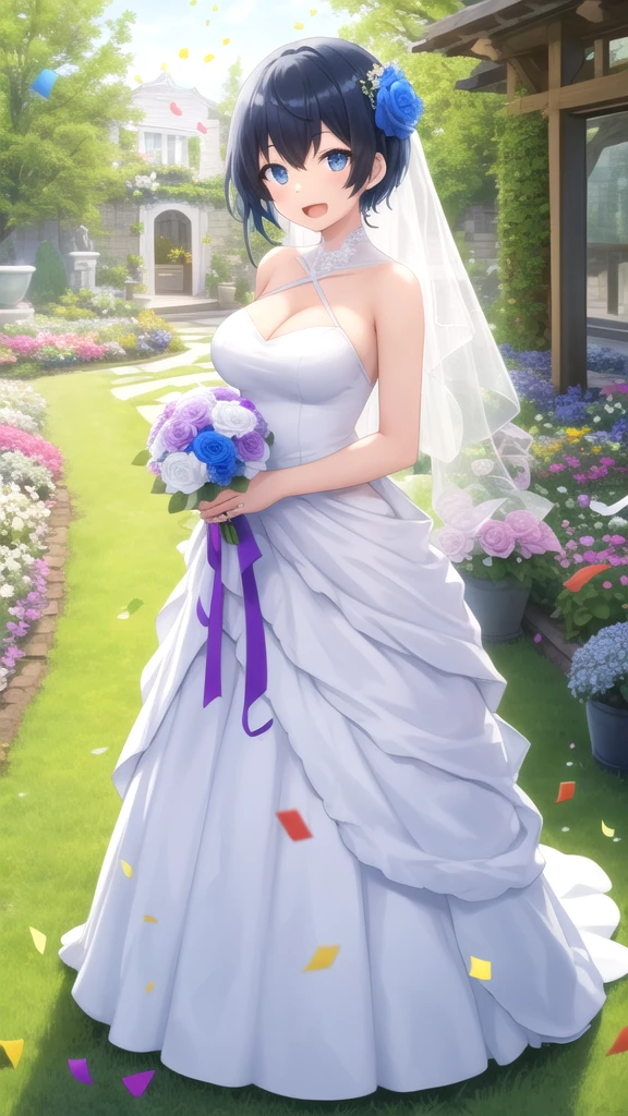 masterpiece, best quality, high quality, girl, solo, looking at viewer, touya_mochizuki, black hair, blue hair, large breasts, wedding Dress, standing, garden, confetti, holding bouquet, smile, open mouth,