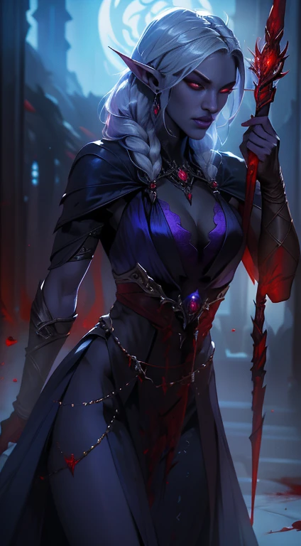 1girl, female focus, dangreously-erotic, cleavage, depth of the field, (best quality:1.3), ultra detailed, masterpiece, 8k, (extremely detailed:1.2), perfect shadow effect, solo, rich description of the face, full features, highres, perfect shadow effect, side lighting, <lora:20231226-1703561838580:1>, varus, grey skin, abs, purple glowing eyes, facial mark, cowboy shot, red scarf, apocalypse background, solarpunk