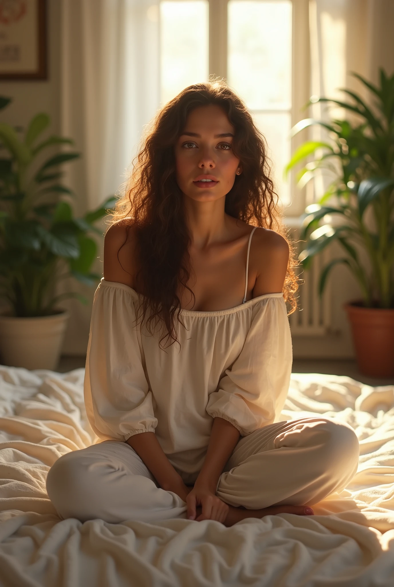 (photorealism:1.2), beautiful woman, sitting on bed, wearing loose off-shoulder top, pajama pants, long curly hair, indoors, soft lighting, plants in background, window with sunlight, cozy room, relaxed pose, realistic, intricate details, warm colors, by Greg Rutkowski, by Alphonse Mucha