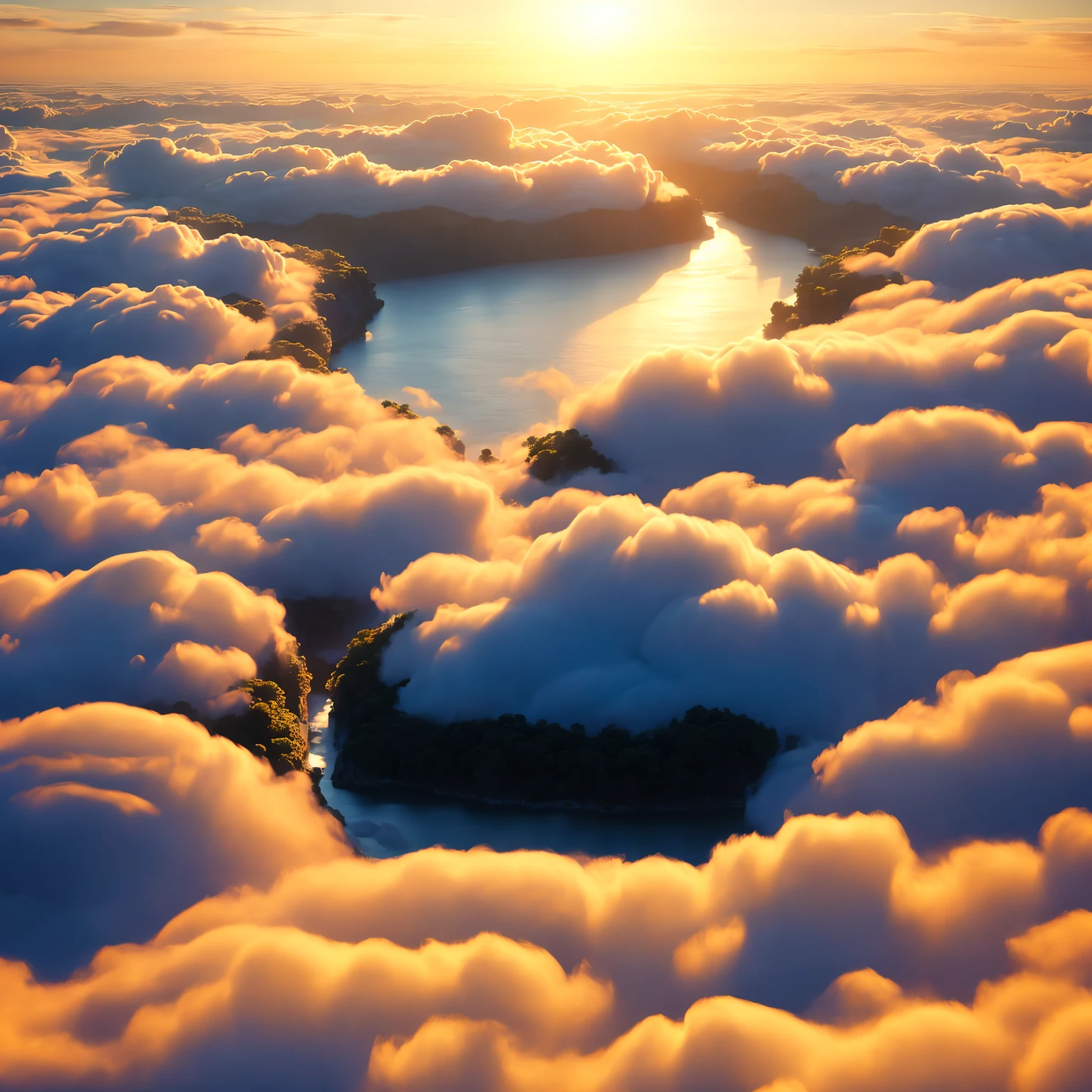 8K quality,(masterpiece:1.3), top quality, detailed images,unmanned,No bio,Above the Clouds( Floating Small Island , small islands float , small islands rise ,Small islands fly in the sky , lots of islets float, waterfalls flow from the small island ),( only islets, water, clouds, and space ),( imaginary,dreamy,There is a lake,Lake between clouds , Water flowing from clouds like a waterfall ),(heaven,Sky,Shangri-La,Arcadia,Utopia),(Above the Cloudsに美しい湖が広がっている, water is flowing from the clouds , covered by lots of clouds ),(During the evening and night ,The sun is God 々Shining brightly, the stars are shining ,Golden Gradation ).