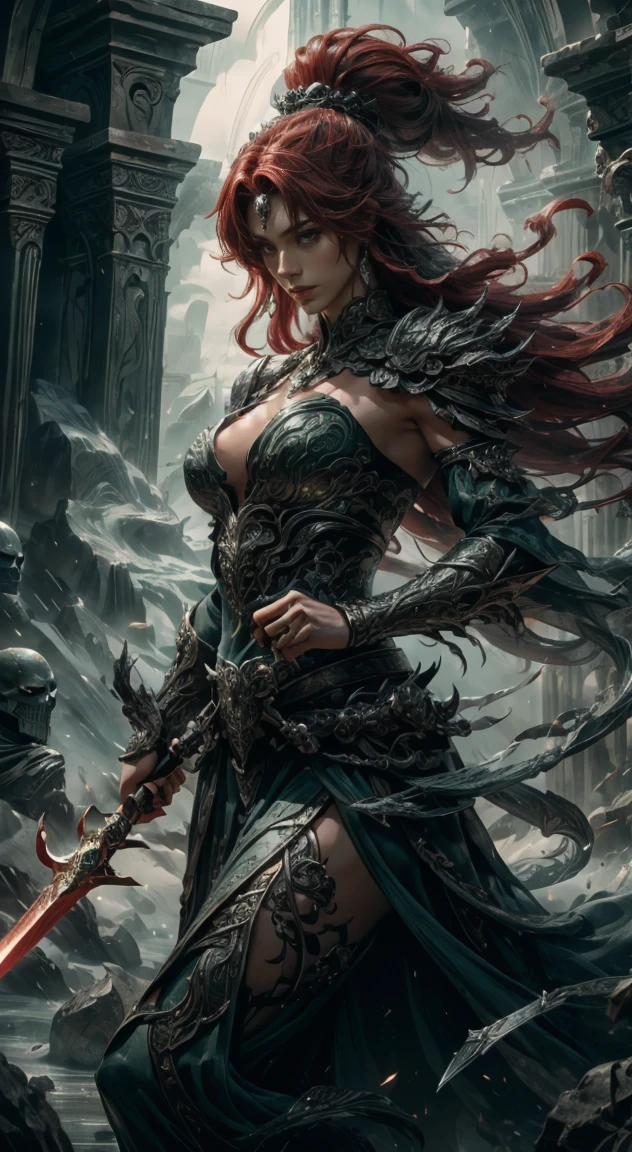 Generate hyper realistic image of a fierce warrior, most beautiful, elegant, a fair-skinned female with long, flowing red hair cascading down her armored shoulders. Adorned with intricate jewelry, she wears emerald and formidable armor that accentuates her powerful presence. An armlet graces her muscular arm, and a menacing skull emblem adorns her attire, symbolizing the warrior's strength and determination in a solo quest. She is holding this magic sword has a blade of gleaming steel, inscribed with arcane runes that glow with a faint green light. The hilt is wrapped with black leather and adorned with a silver pommel, perfect hand, perfect fingers, facing viewer,