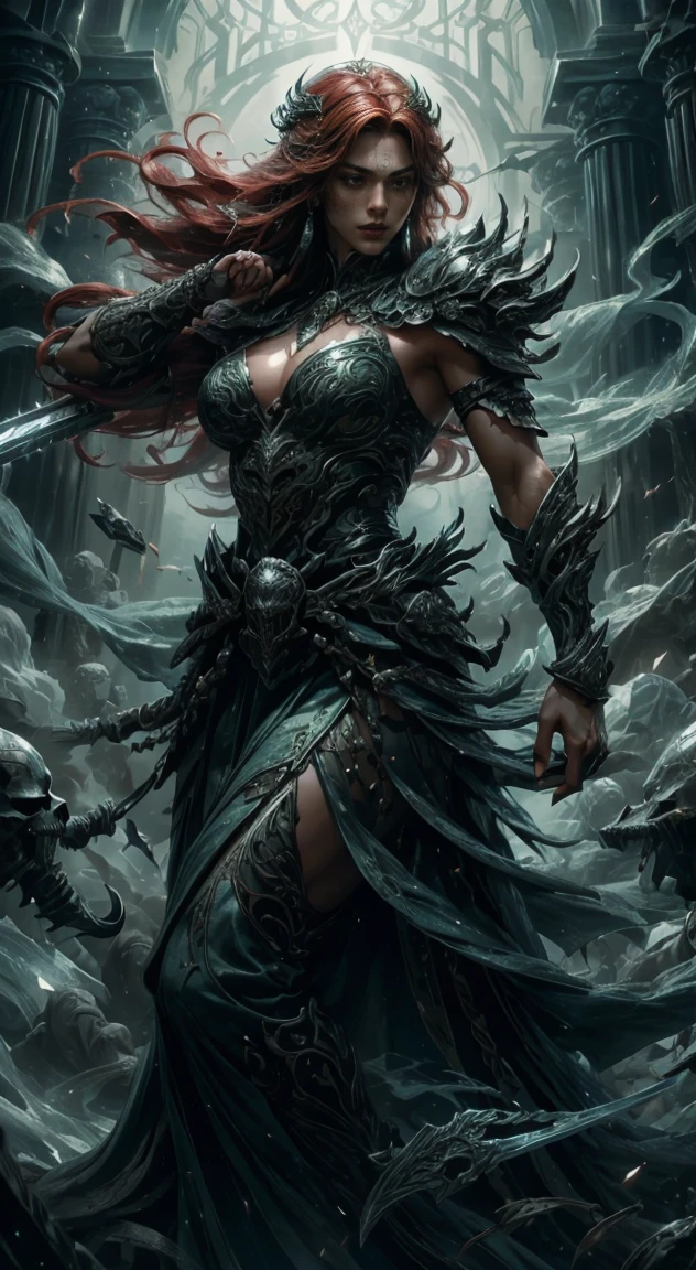 Generate hyper realistic image of a fierce warrior, most beautiful, elegant, a fair-skinned female with long, flowing red hair cascading down her armored shoulders. Adorned with intricate jewelry, she wears emerald and formidable armor that accentuates her powerful presence. An armlet graces her muscular arm, and a menacing skull emblem adorns her attire, symbolizing the warrior's strength and determination in a solo quest. She is holding this magic sword has a blade of gleaming steel, inscribed with arcane runes that glow with a faint green light. The hilt is wrapped with black leather and adorned with a silver pommel, perfect hand, perfect fingers, facing viewer,