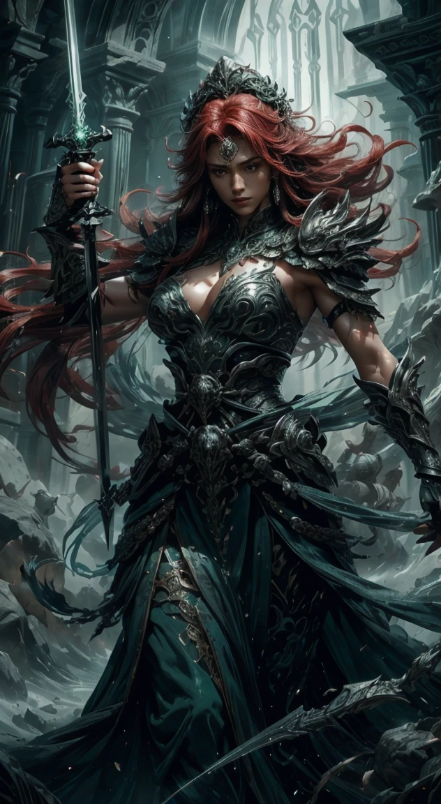 Generate hyper realistic image of a fierce warrior, most beautiful, elegant, a fair-skinned female with long, flowing red hair cascading down her armored shoulders. Adorned with intricate jewelry, she wears emerald and formidable armor that accentuates her powerful presence. An armlet graces her muscular arm, and a menacing skull emblem adorns her attire, symbolizing the warrior's strength and determination in a solo quest. She is holding this magic sword has a blade of gleaming steel, inscribed with arcane runes that glow with a faint green light. The hilt is wrapped with black leather and adorned with a silver pommel, perfect hand, perfect fingers, facing viewer,