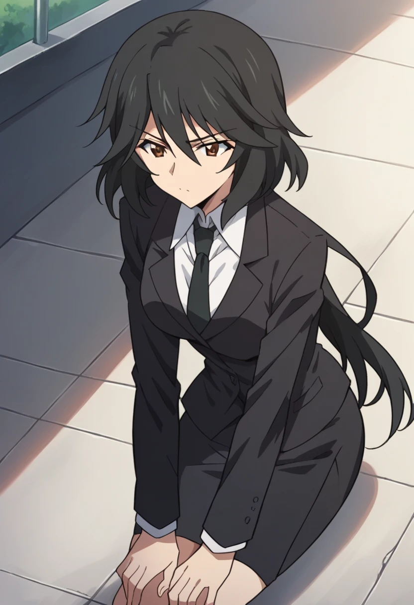 Orimura&#39;,  long hair, bangs,   black hair,   hair between eyes ,   Brown Eyes  ,
  skirt,   shirt,   Long Sleeve  ,   jacket, white   shirt,  ties, black   skirt, black   jacket, formal, suit, black  ties, pencil   skirt,   skirt suit,Big Breasts　Outdoor　Put your hands on your knees