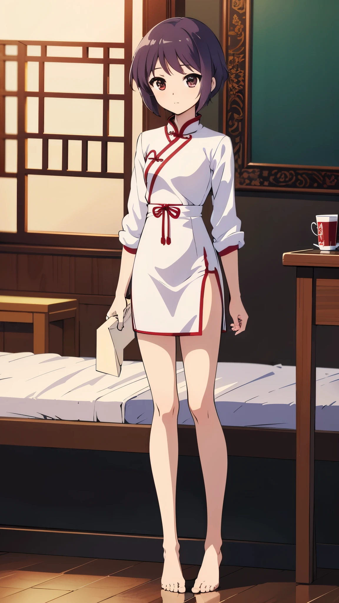 anime style, best quality, 8k, high res, masterpiece, detailed face, indoor, in chinese room, wearing white china dress, bare foot, expressionless, standing, full body shot,