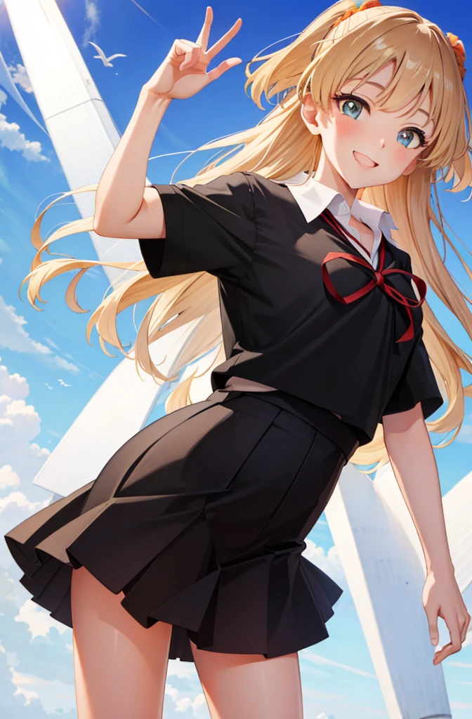 ​masterpiece、 top quality、Ultra - High Definition 、 high definition 、Transcendental techniques illustration、 perfect anatomy、8k、a beauty girl、smile、School Uniform、  cute hairstyle to tilt your head slightly to the right 、  cute pose