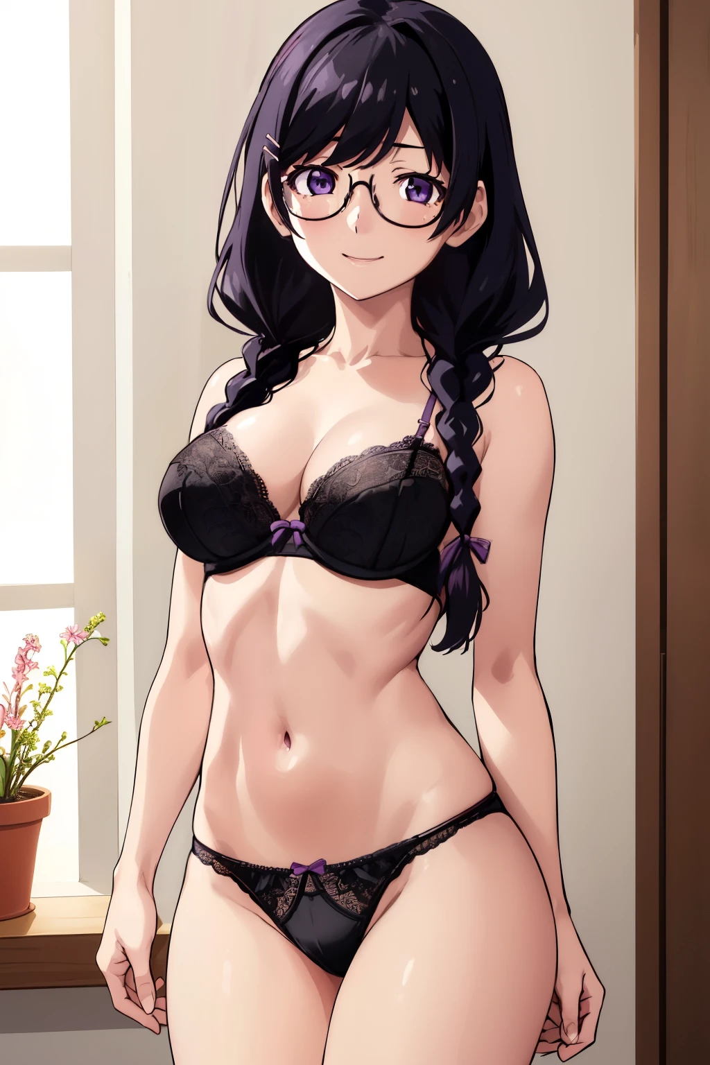 (masterpiece), (Highest quality), (High resolution), (detailed), One girl, (Hanekawa Tsubasa), Purple eyes, Black Hair, Long Hair, Hair Clip, hair ornaments, Braiding, twin Braidings, Hair Ribbon, Glasses Big, (skinny body: 1.3), (White black lace bra Panties), close, standing, Cowboy Shot, night, View your viewers, smile, indoor