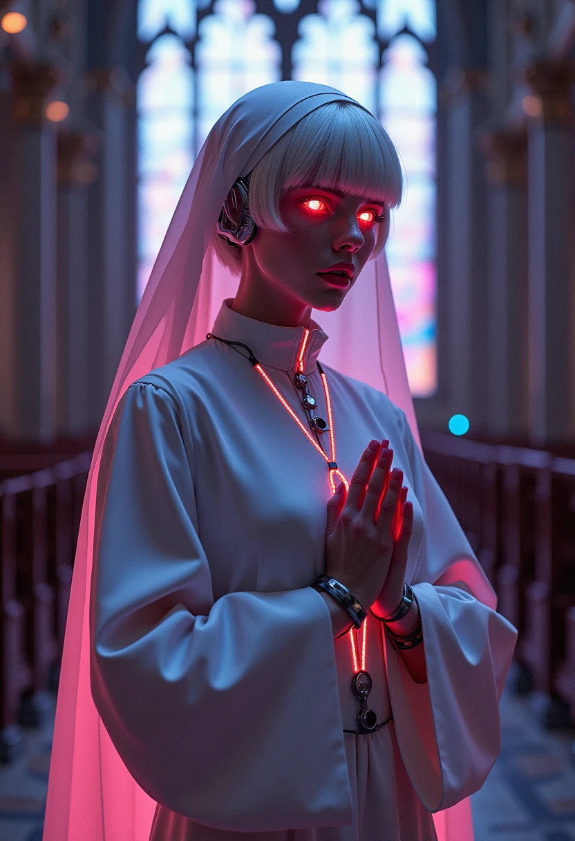  Retro Futurism style ,crack,  vintage science-fiction aesthetic , soft pastel glow ,1 , cybernetic nun  ,  Gothic　Fashion b  , short white hair, metallic red eyes , less bright eyes habit with neon details on their tips ,  breasts showing, neckline that shows the breasts , Prayer posture,  full body , standing ,show your legs,  liturgical robe above the knees ,  Gothic cathedral  ,  stained glass LED ,  mixture of technology and faith  ,  technological supernatural atmosphere 