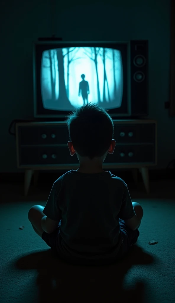 A child standing in front of a TV screen, watching a news report about global conflicts. The child's face shows confusion and fear, as the harsh glow of the screen bathes the room in an eerie light. In the background, their parents sit silently, deep in thought. {cinematic, eerie lighting, close-up shot, emotional focus, realistic textures, high detail} (landscape)