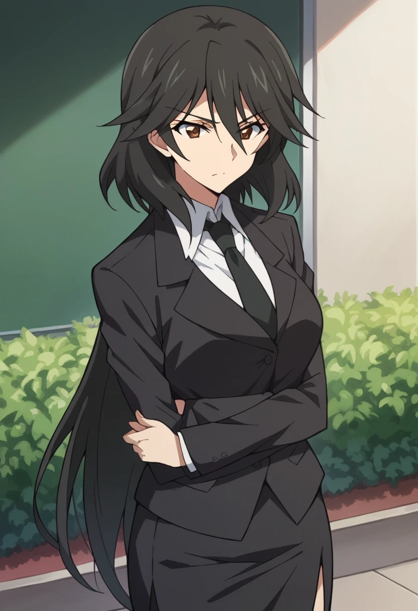 Orimura&#39;,  long hair, bangs,   black hair,   hair between eyes ,   Brown Eyes  ,
  skirt,   shirt,   Long Sleeve  ,   jacket, white   shirt,  ties, black   skirt, black   jacket, formal, suit, black  ties, pencil   skirt,   skirt suit, huge breasts　Outdoor　garden