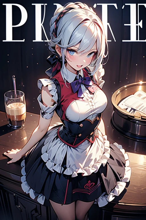 (from above:1.2,Best Quality),a girl , platinum color hair、(from above:1.2,Best Quality),a girl , platinum color hair、bartender uniform,Purplish blue eyes that dreamers desire, small stature, medium , Lori face, (masutepiece:1.2, Best Quality), (finely detailed beautiful eye: 1.2), (beautifull detailed face), (perky chest:1.2), (pointed chest:1.1), (bratender magazine cover:1.5)，(Best Illumination, extremely delicate and beautiful), sexy pose,make a coffee , in a bar counter, morning light, Short bob hair（1:3）,Ultra Contrast、Braid a little around the ears, black bartender uniform dress、Sexy and qute pants、You can't see inside your underwear,mocking look、nffsw,Arms crossed、grab the arm、Shoot 、breastuscular pussy、little Pubic hair,high-level image quality、hightquality、8K,perfect hand、5 fingers、finger pin、Perfect Finger,noise cut、Her hair color should have been a brighter blue,(The bartendre skirt dress part is also carefully expressed:1.4)、the skirt is floating in the wind:1.2、Dark purple panties,(with sparkling eyes and a contagious smile),open mouth, highest quality, high resolution,Real World, Natural light,perfect Natural light, Looking at Viewer,