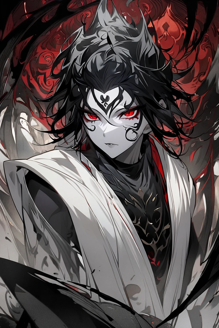 buda, high, strong,  long black hair , red eyes, sinister look,  beautiful, androgynous, pale skin, He has a white robe.