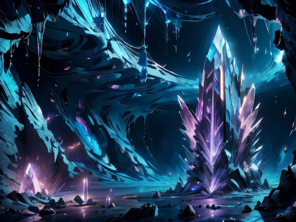 Inside a gigantic cave , an oppressive atmosphere dominates space . in the center, an altar stands like the heart of an ancient forgotten ritual . Chained to this altar , of each of its extremities , a being that appears to be a woman , your fragile but disturbingly beautiful porcelain body . Your skin, emerges broken as if it were about to break , is invaded by crystal that extends through every crack , shining with shades of violet and blue . This crystal not only consumes , but it also infects the cracks of the cave and the same chains that hold it back , spreading its corruption all over the place . A faint luminosity of these crystal fractures , bathing the cave in a gloomy and ethereal glow . The scene exudes a mixture of unsettling beauty and despair , as if the being trapped were both a victim and a catalyst of a dark and uncontrollable power.