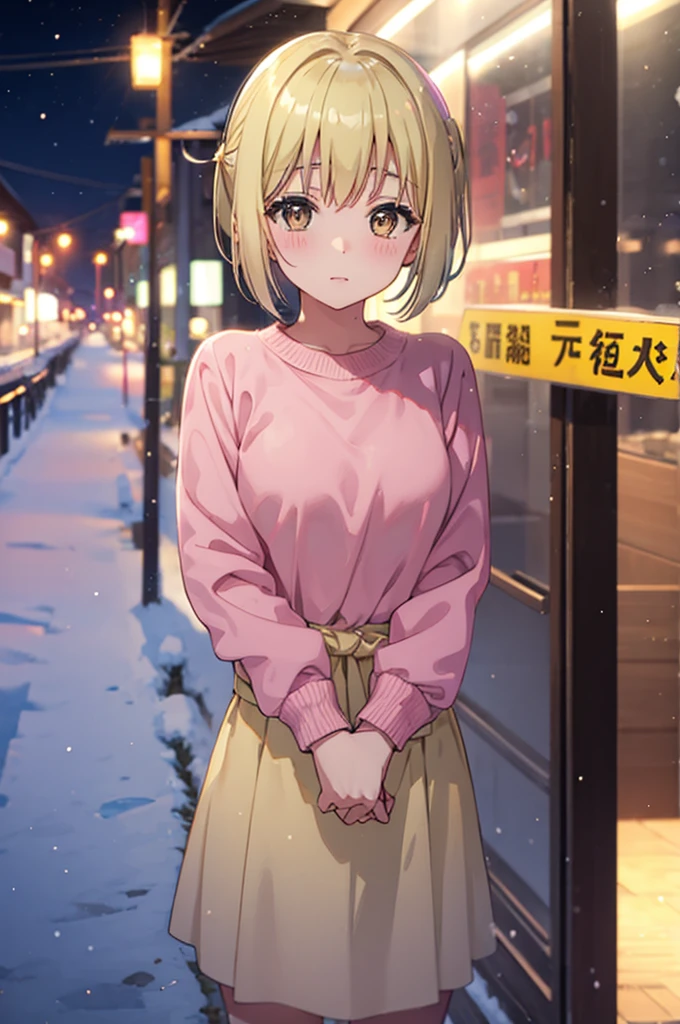 Kyoko short hair ,blonde hair, pigtail haired , yellowish eyes , sweater pink  in snow in oudoor night