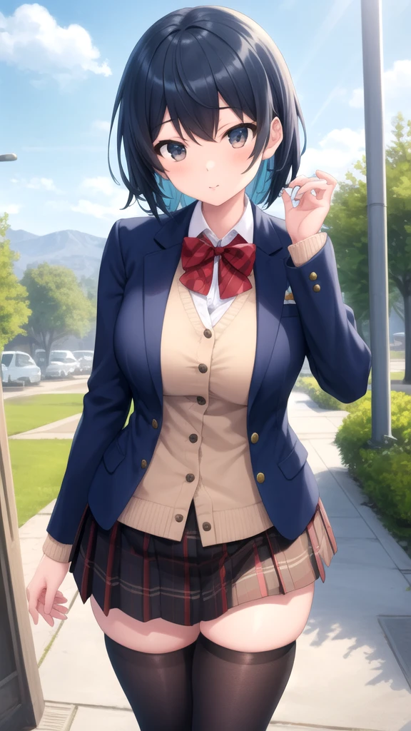 masterpiece, best quality, high quality, girl, solo, looking at viewer, touya_mochizuki, black hair, blue hair, large breasts, red bow, striped bow, blazer, blue jacket, long sleeves, plaid skirt, Brown skirt, black thighhighs, outdoors, cowboy shot, standing, looking at viewer,