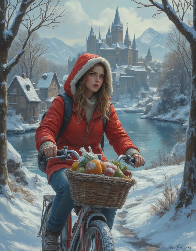 A beautiful young woman, detailed face, detailed eyes, wearing a red hooded jacket, white fur around the hood, riding a city bicycle with front basket full of groceries along a bike track on a river bank near woods with breathtaking snow pouring winter view, with medieval building heritage in a far background, hyper realistic Don Lawrence style