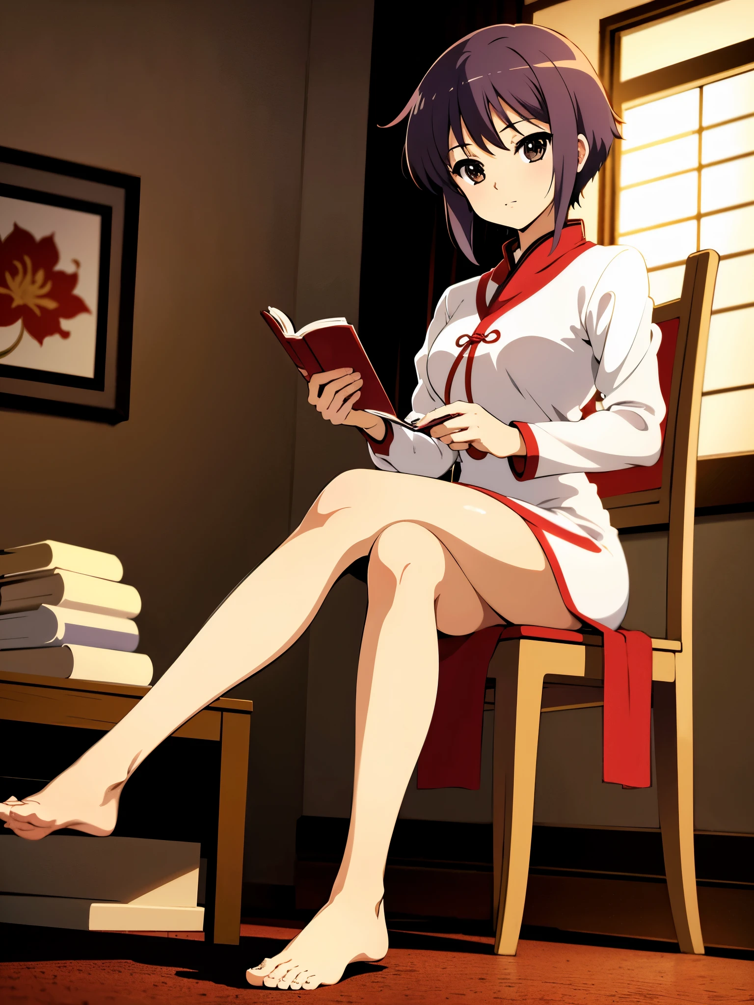 anime style, best quality, 8k, high res, masterpiece, detailed face, indoor, in chinese room, wearing white china dress1:2, bare foot, expressionless, break sitting on chinese chair, reading book,