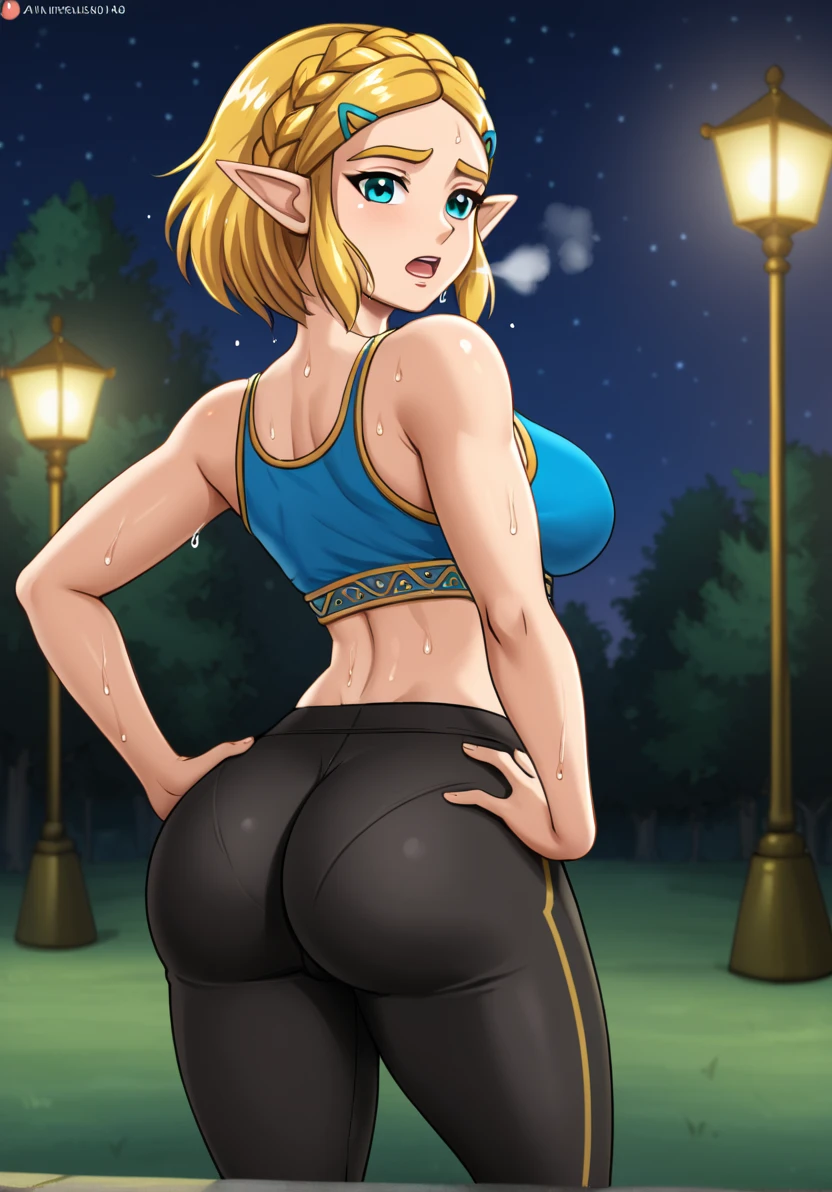 Solo, female, Princess Zelda, ((bent over, hands on the wall, brick wall)), fantasy village, plants, looking back at viewer, tight black pants, ((big butt)), ((marked pussy)) (((blonde long hair))), (seductive look), open mouth, ((blushing face)), ((seductive smile))