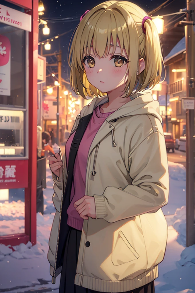 Kyoko short hair ,blonde hair, pigtailed haired , yellowish eyes , sweater pink  in snow in oudoor night