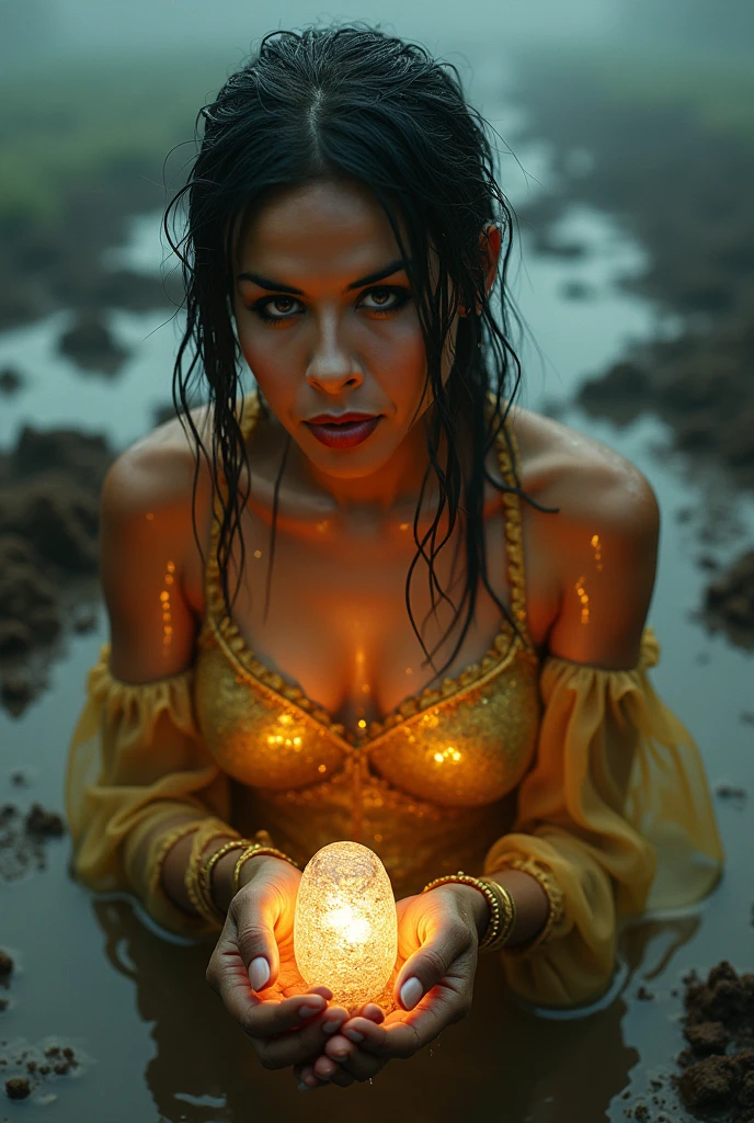 Arte estilo Alex Horley, Witch Woman transformation into sensual and tempting alligator, ambiente sombrio, Face a huge bubbling cauldron, em uma caverna caverna iluminada por tochas, imagem em alta qualidade