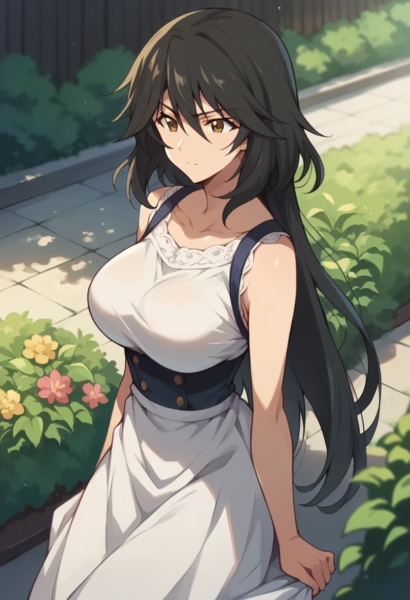 Orimura&#39;,  long hair, bangs,   black hair,   hair between eyes ,   Brown Eyes  ,Summer Skirt　Big Breasts　Outdoor　garden　