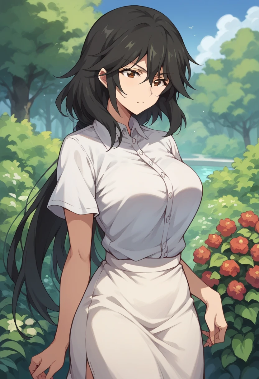 Orimura&#39;,  long hair, bangs,   black hair,   hair between eyes ,   Brown Eyes  ,Summer Skirt　Big Breasts　Outdoor　garden　