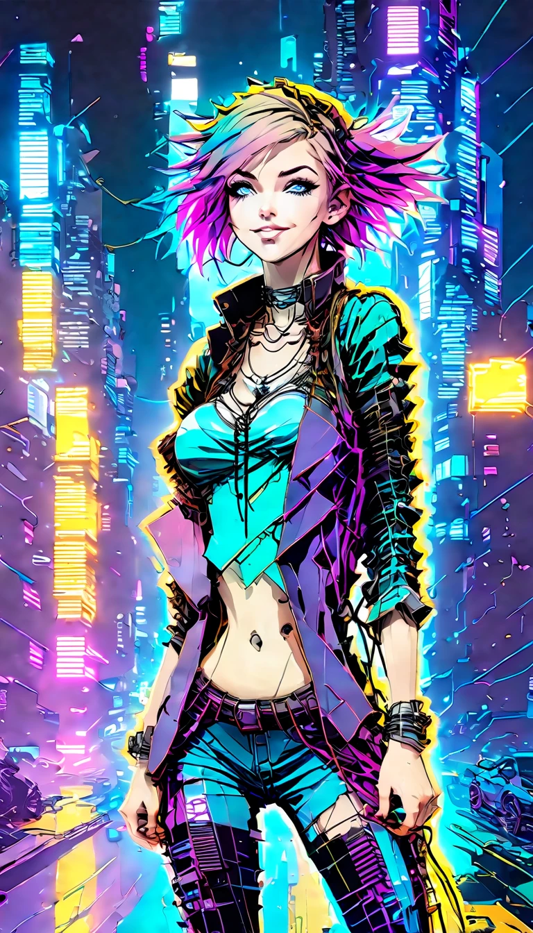 color vector anime pen and ink  by Olivia de Berardinis, sakimichan, UHD, Full body Pinup of a beautiful emo  chibi anime  girl, standing in a Neon cyberpunk city, big breasts, Emo clothing, double exposure UHD, perfect composition, intricate insanely detailed, photorealistic concept art, lighting by thomas kinkade, Broken Glass effect, stunning, something that even doesn't exist, mythical being, energy, molecular, textures, iridescent and luminescent scales, breathtaking beauty, pure perfection, divine presence, unforgettable, impressive, breathtaking beauty, Volumetric light, auras, rays, vivid colors , ultra hd, realistic, vivid colors, highly detailed, UHD drawing, pen and ink, perfect composition, beautiful detailed intricate insanely detailed octane render trending on artstation, 8k artistic photography, photorealistic concept art, soft natural volumetric cinematic perfect light