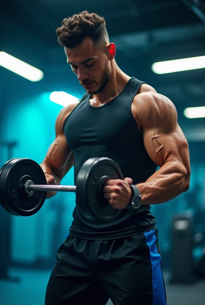 Create an image of a young man lifting weights with an expression of confidence and determination, in light blue tone
