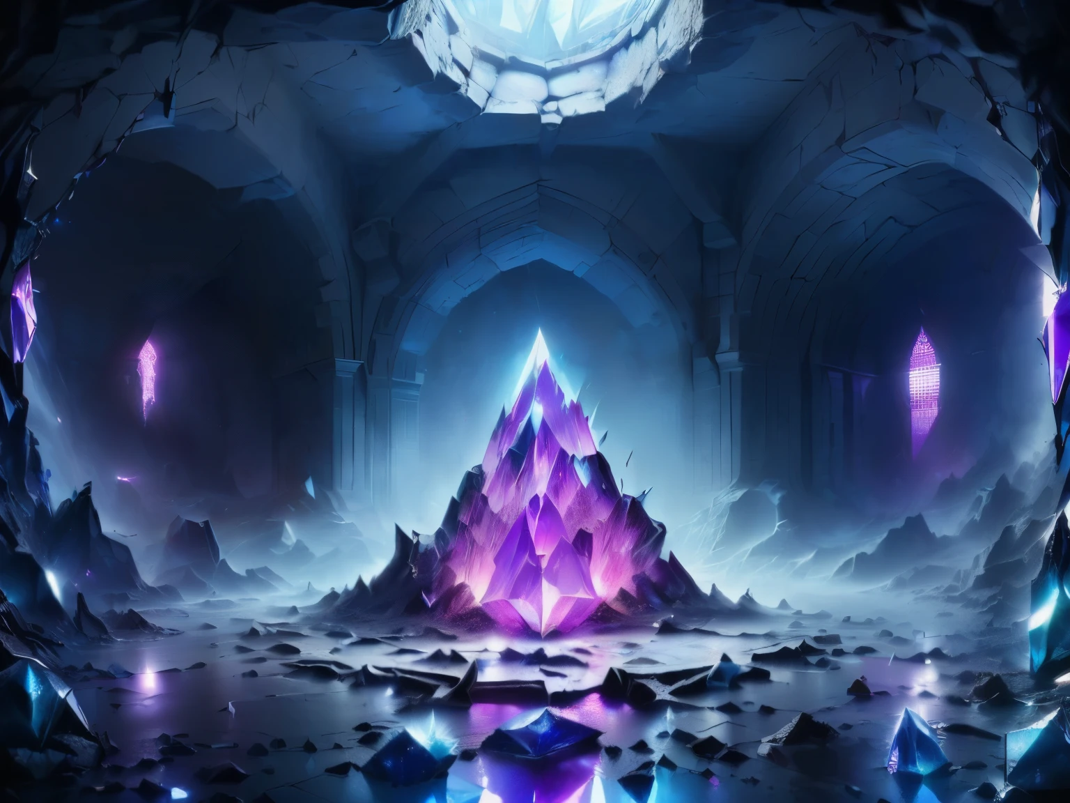 (Colossal and dark cave ,  with an imposing altar in its center :1.5) ( Feminine looking Being ,  fractured porcelain body :1.4) ( Violet and blue crystals from the cracks ,  stretching like veins :1.5) ( Chains infected by crystals ,  holding the extremities of the being :1.3) ( Face marked by sadness ,  dull but penetrating eyes , full of mystery:1.4) ( Faint and gloomy light emanating from the crystals ,  emerges illuminating the altar and the walls of the cave :1.3) ( Atmosphere of power and tragedy ,  with an air of dark mystery :1.2) ( Fracture details and crystal shine highlighting the contrast between fragility and corruption:1.5).