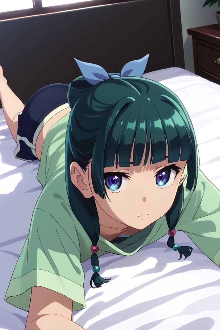 1girl, default hairstyle, hair bun, hair ribbon, blue ribbon, sidelocks, blunt bangs, hair beads, half updo, low twintails, hair over shoulder, freckles, small breasts, pale skinned, petite    dynamic angle, takeda hiromitsu style,    skinny, petite body, perfect cute face, ((wide hips)), small breasts, teardrop_breasts, small tight ass,freckles, pale skin,  feet, lounge shorts, oversized pajama tshirt, oversized shirt, playing a gameboy, looking at gameboy, BREAK Lying on bed, laying on stomach, head pointed away from viewer, playing video games, tshirt hanging off one shoulder, down blouse shot, show nipple show tits BREAK