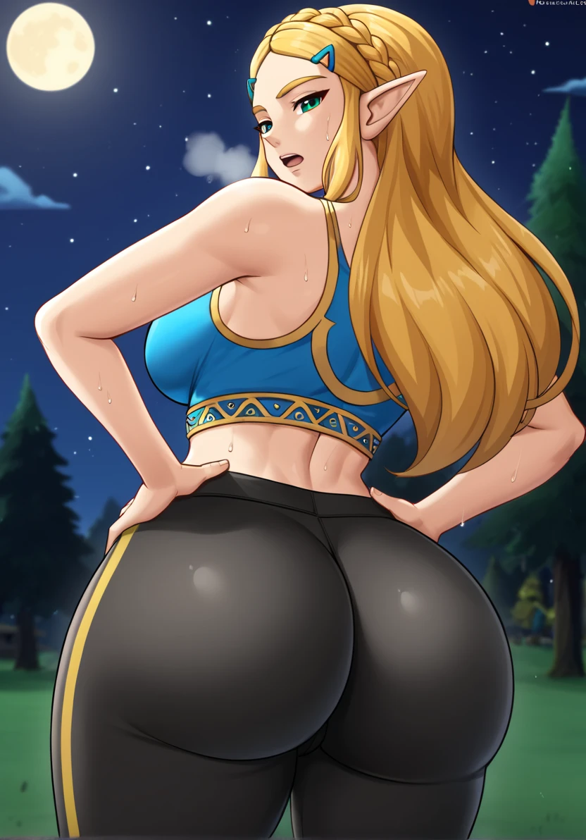 masterpiece, best quality, highres, aazelda, Princess_Zelda, long hair, crown braid, hairclip, pointy ears, blue tanktop,, black pants with yellow stripes, tight pants, night, standing, cowboy shot, outdoors, hands on hip, open mouth, out of breath, sweaty, sweating, exhuasted, tired exporession, sexy, back view, ass, thicc ass, looking back, chin sweating