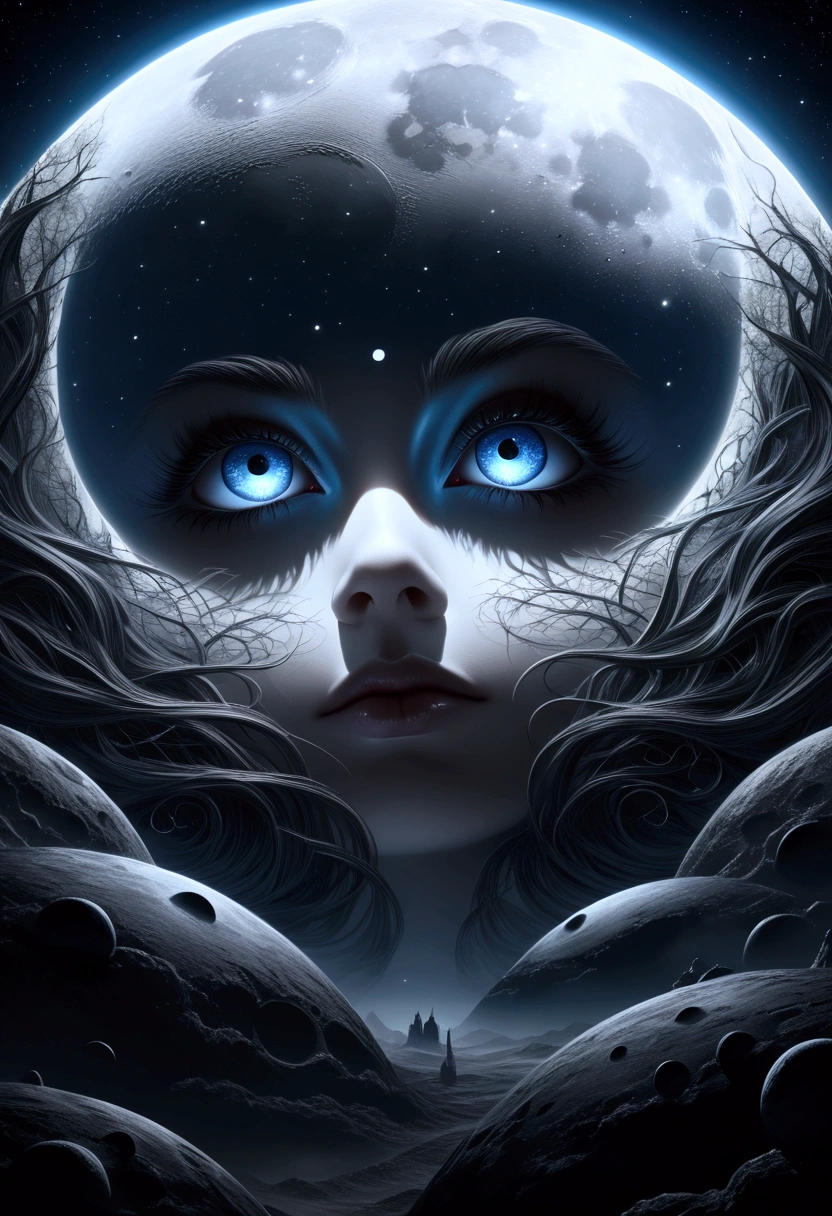 A detailed fantasy drawing of a full moon with many eyes, intricate celestial patterns, and a mystical, dream-like atmosphere, (best quality,4k,8k,highres,masterpiece:1.2),ultra-detailed,(realistic,photorealistic,photo-realistic:1.37),detailed fantasy moon,celestial moon with eyes,surreal moon eyes,ethereal moon, detailed celestial patterns, dreamlike moon, mystical moon, fantastical moon, dark fantasy moon, intricate moon details, exquisite moon drawing, moody moon, atmospheric moon, moon with celestial imagery, detailed moon textures, dramatic moon lighting, surreal moon scene