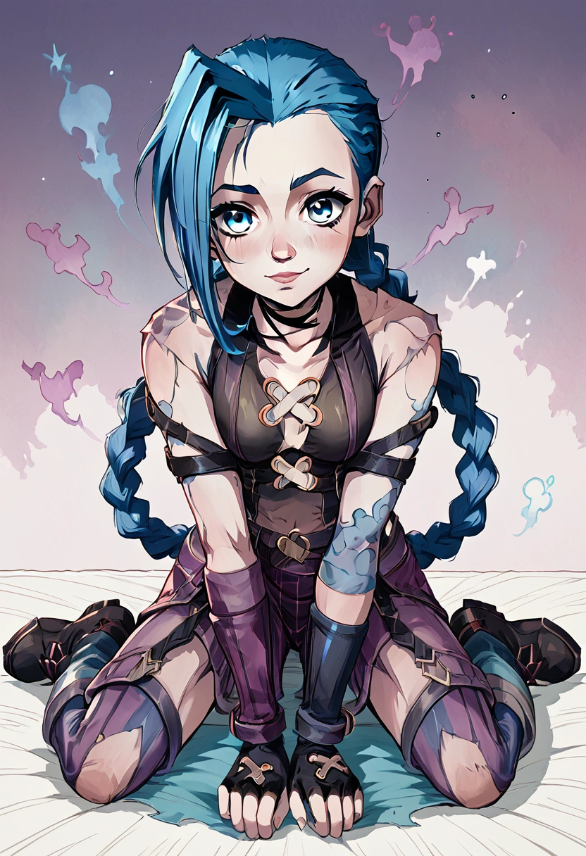 anime style adult jinx arcane sitting full body portrait 