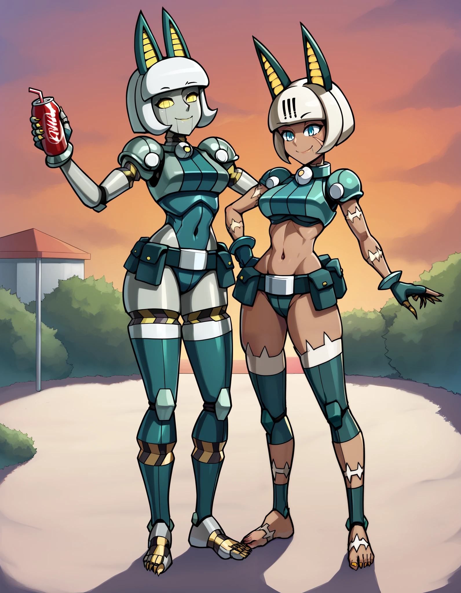  score_9,  misfortune , Robo-fortune , Crop top,  animal ears, cola, 2girls, robot,  robotic joints, humanoid robot, colored skin, Android,  multiple 15-year-old schoolgirls , Belt bag,  cut bob,  dark skin, scar,  yellow eyes , Blue eyes, mujer de  dark skin,  under the tits,  white hair,  corto,  medium breasts,  ironic smile , Gloves, outdoors 