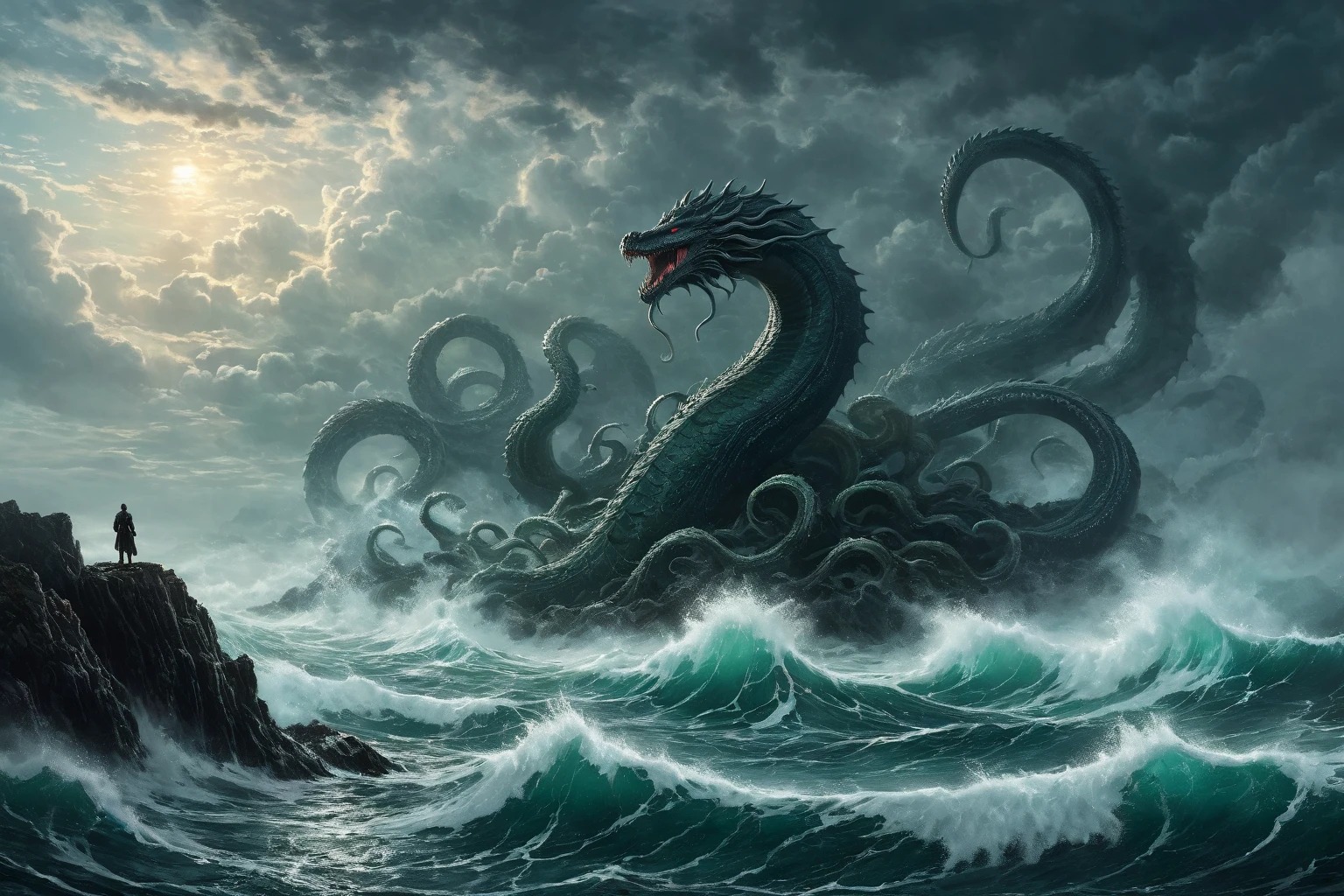 Sailing ship on the waves.  coast ,  top view from a cliff ,  raging sea waves below .  A huge creature is coming from the water , Creepy creature, lovecraftian monster,  long giant tentacles with multiple mouths with several rows of teeth,  ominous fantasy illustration ,  an oncoming creature with a long , Nyarlathotep, lovecraft landscape, Silhouette,  emerging from backlight . ( Behind him is a huge ,  more sea leviathan .  A sea serpent with a stretch face to clouds from water . In the white fog ), Lovecraft background , Lavkraftovskaya atmosphere , ( masterpiece fails,  cloud girl ,  Top image quality,  high definition ,  photorealistic, RAW photo, 8 k),   Vertical view from afar .