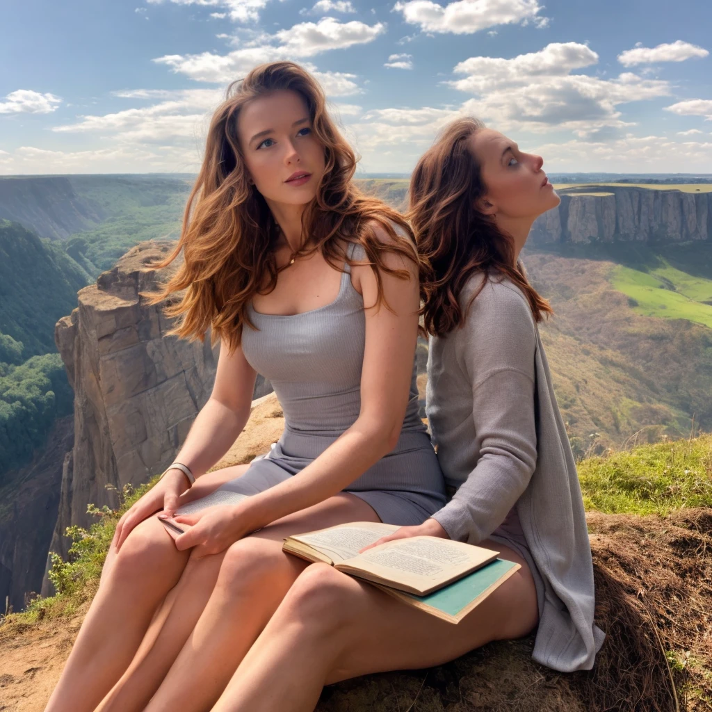  portrait of a woman , Fibiginger ,  ulybka,  cinematic , posing,  Main detail, film , , a girl sits on the edge of a cliff and looks up at the sky, and holding an open book 