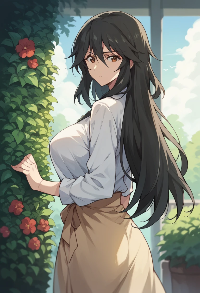 Orimura&#39;,  long hair, bangs,   black hair,   hair between eyes ,   Brown Eyes  ,Summer Skirt　Big Breasts　Outdoor　garden　 show me your back　turn around